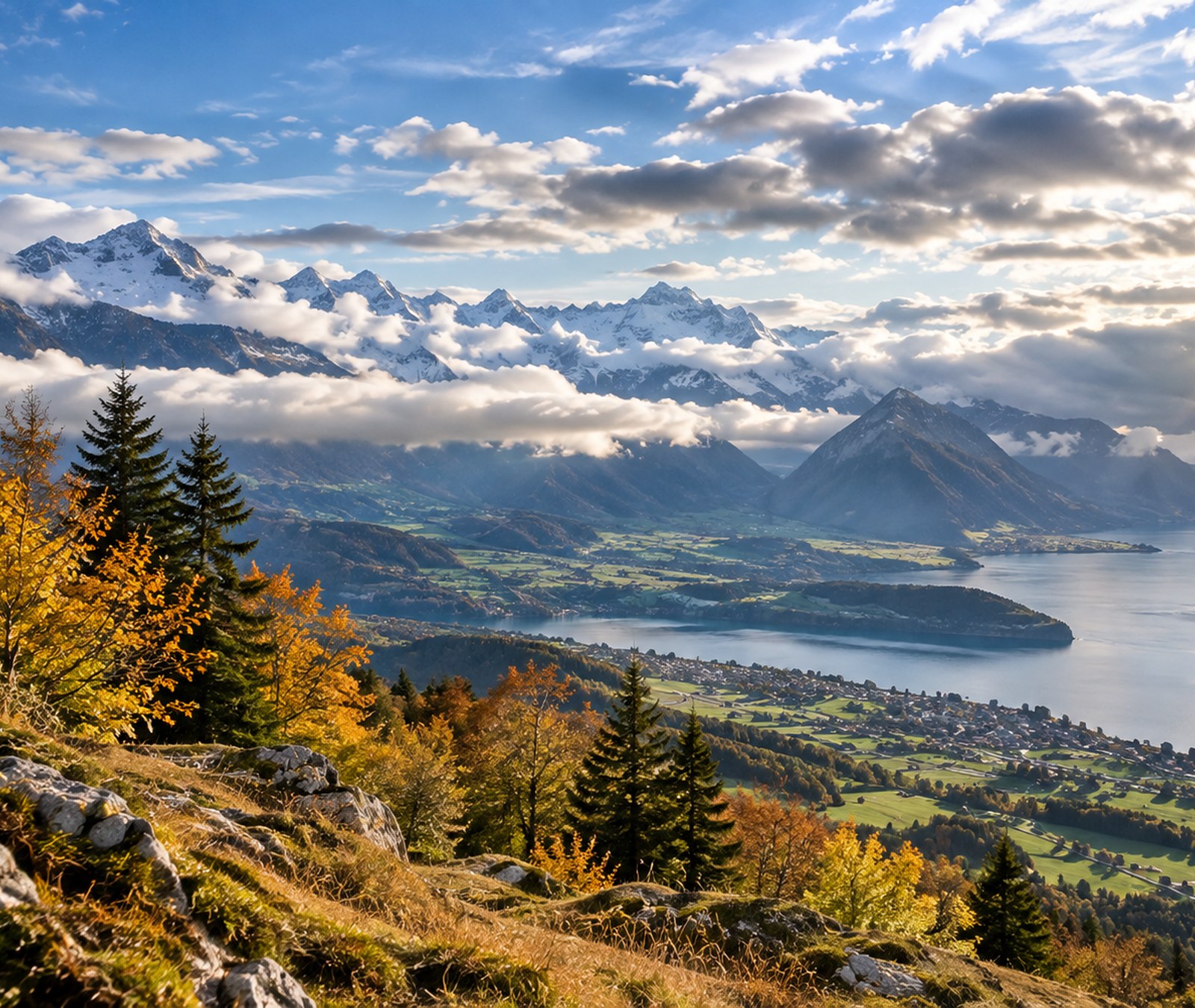 Schweizer Alpenlandschaft mit sonnigen Auflockerungen, Wolkenfeldern und spätsommerlichem Licht.