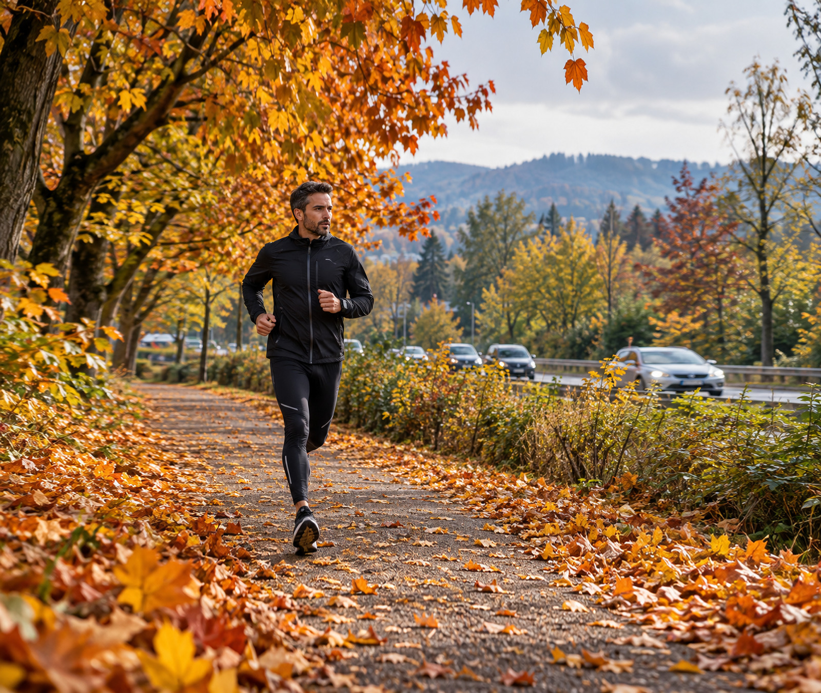 Jogger auf einem Herbstweg nahe einer Strasse; KI-generiertes Symbolbild
