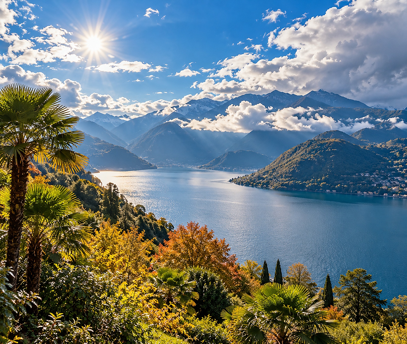 Sonniges Tessin mit See, Bergen, Palmen und herbstlicher Vegetation unter blauem Himmel