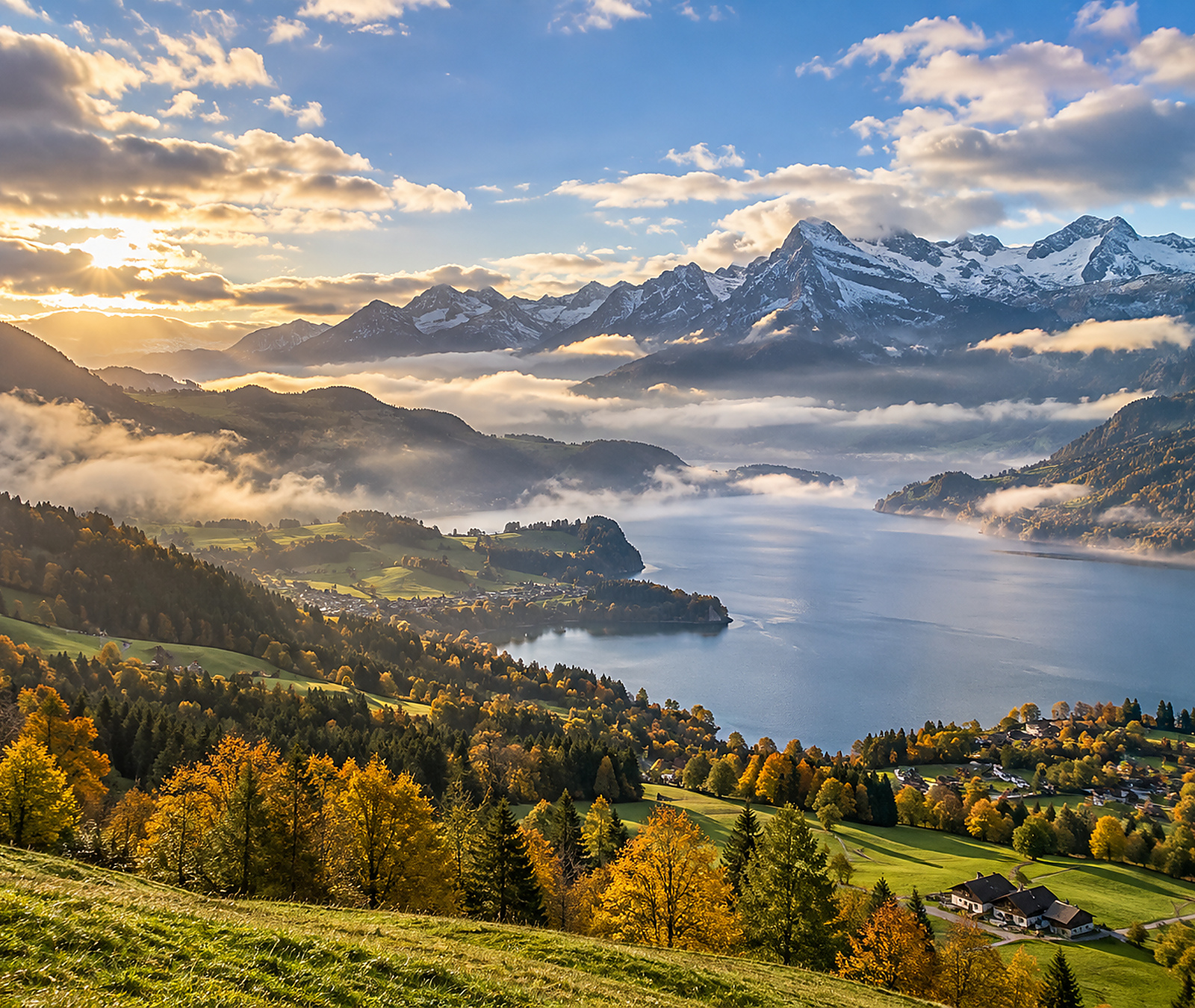 Herbstliche Schweizer Seen- und Alpenlandschaft mit Wolken, Nebelfeldern und sonnigen Aufhellungen