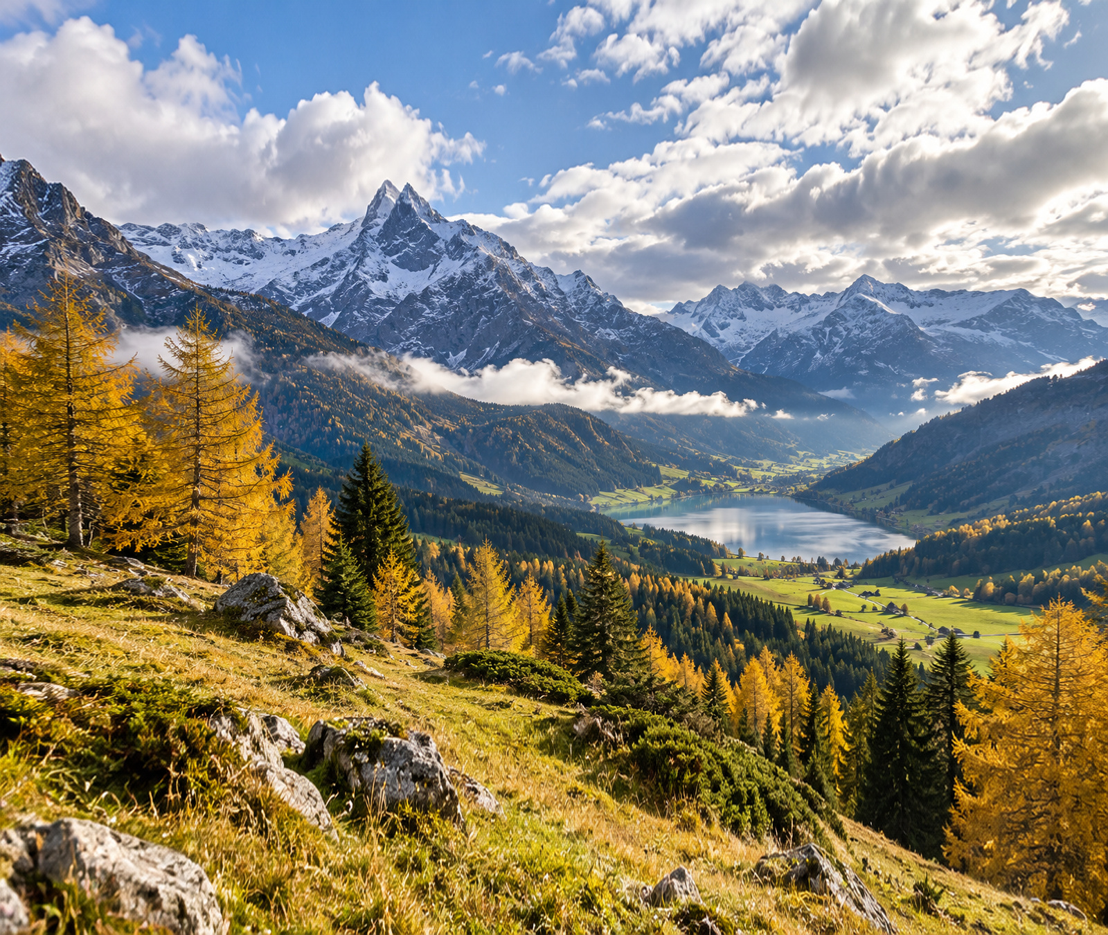 Herbstliche Schweizer Alpenlandschaft mit See, goldenen Bäumen und wechselnder Bewölkung