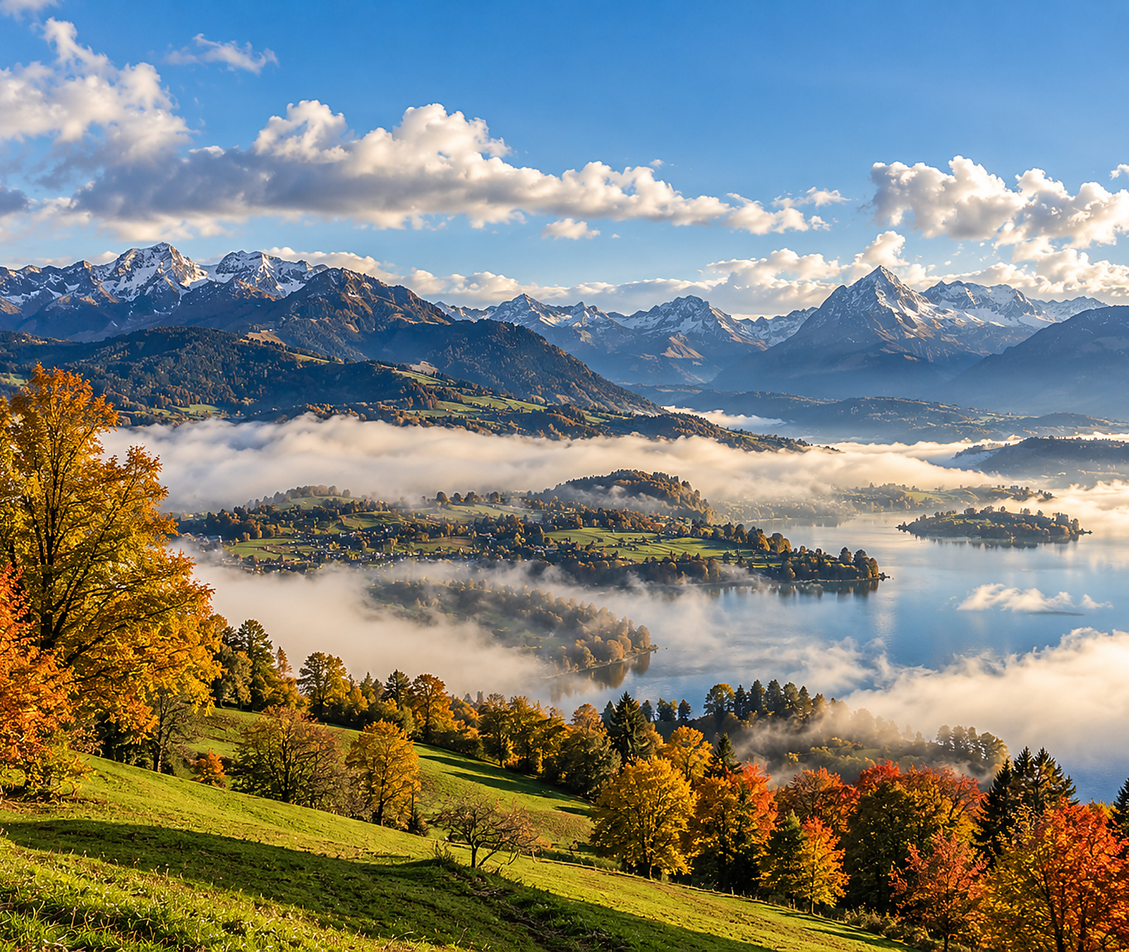 Herbstliche Schweizer Voralpenlandschaft mit sich lichtendem Nebel, See und sonnigen Abschnitten