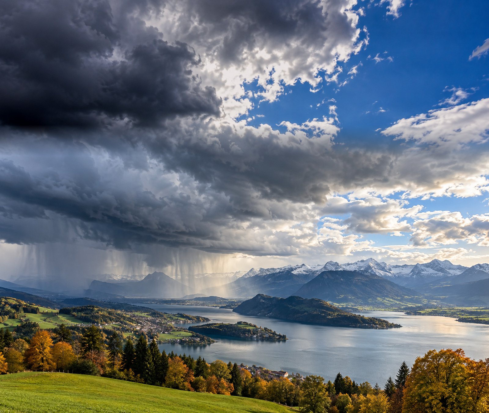 Symbolbild für wechselhaftes Herbstwetter in der Schweiz mit Regenfront und Alpen im Hintergrund