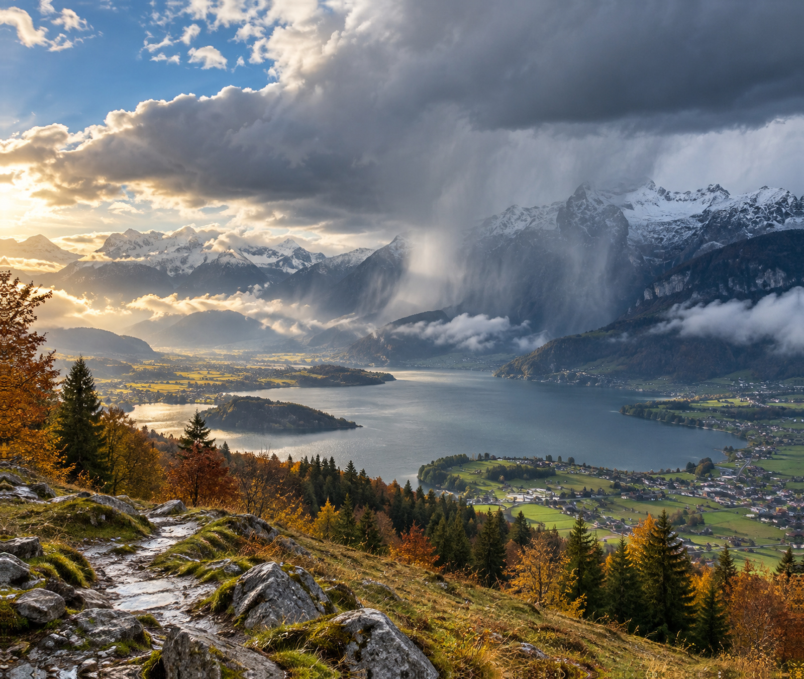 Symbolbild für wechselhaftes Herbstwetter in der Schweiz mit abziehenden Schauern, Aufhellungen und verschneiten Hochalpen