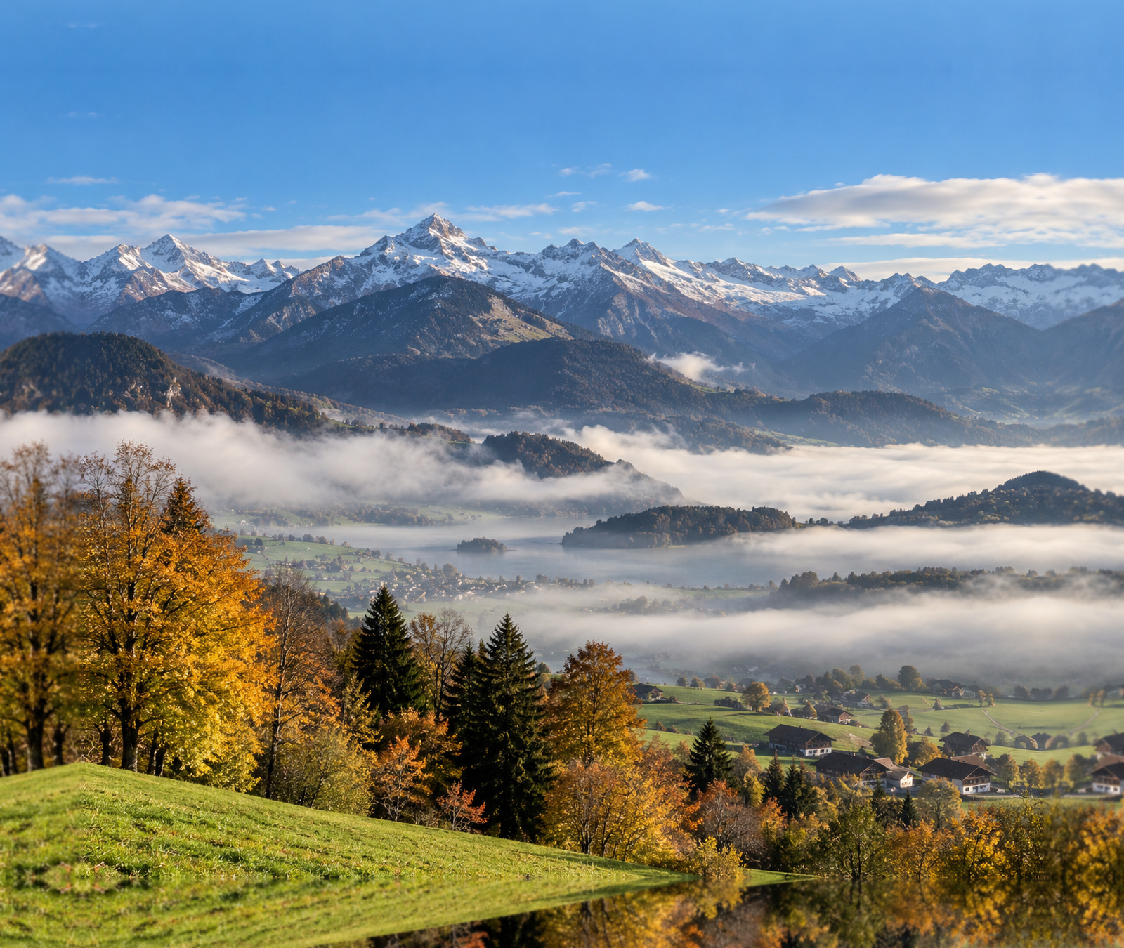 Herbstliche Schweizer Voralpen mit Nebelfeldern in den Tälern und freundlichem Himmel als Symbolbild für das Wetter bis Dienstagabend.