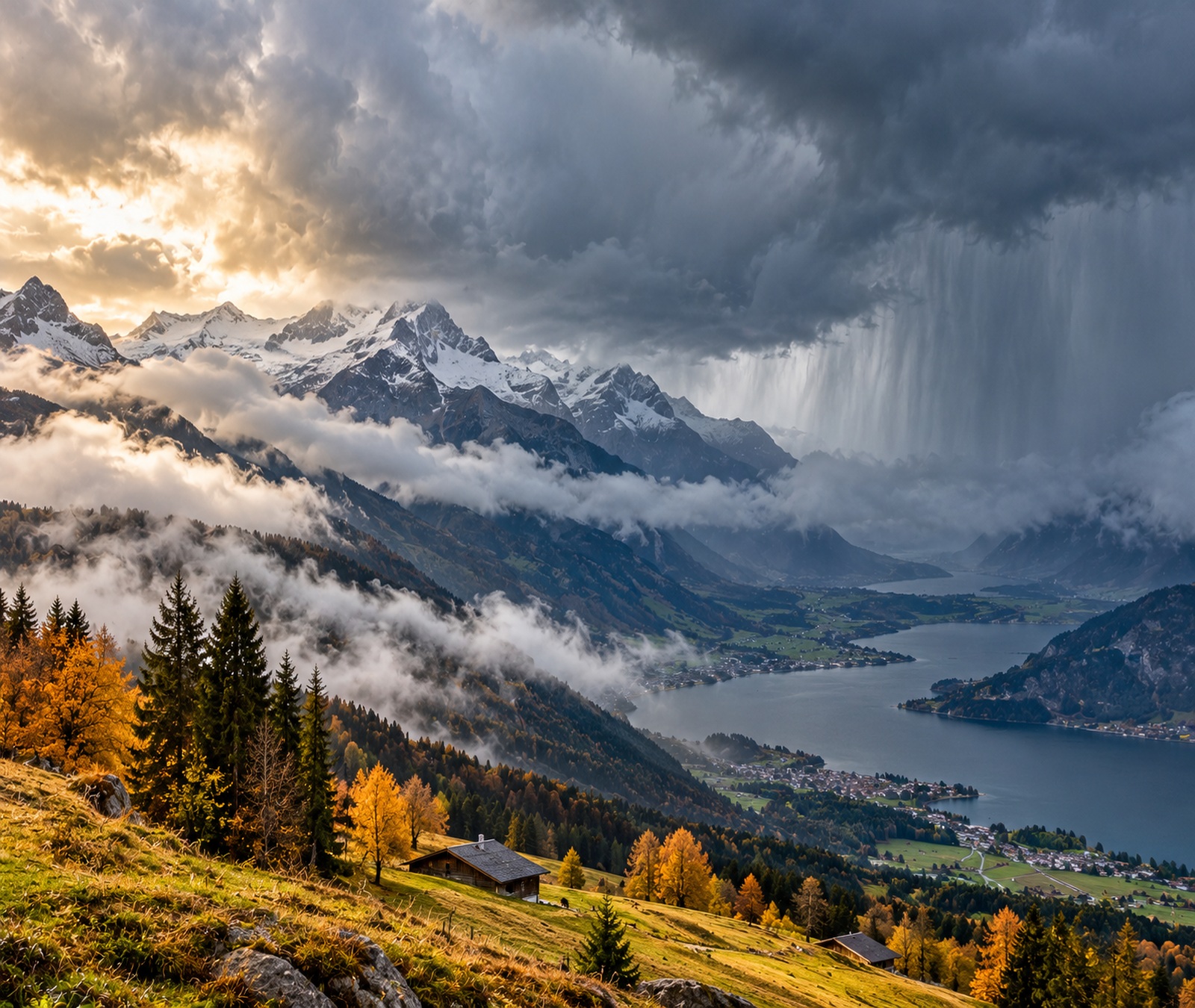 Symbolbild: herbstliche Schweizer Alpenlandschaft unter aufziehender Kaltfront mit Regen in den Bergen und Schnee nur in den Hochlagen.