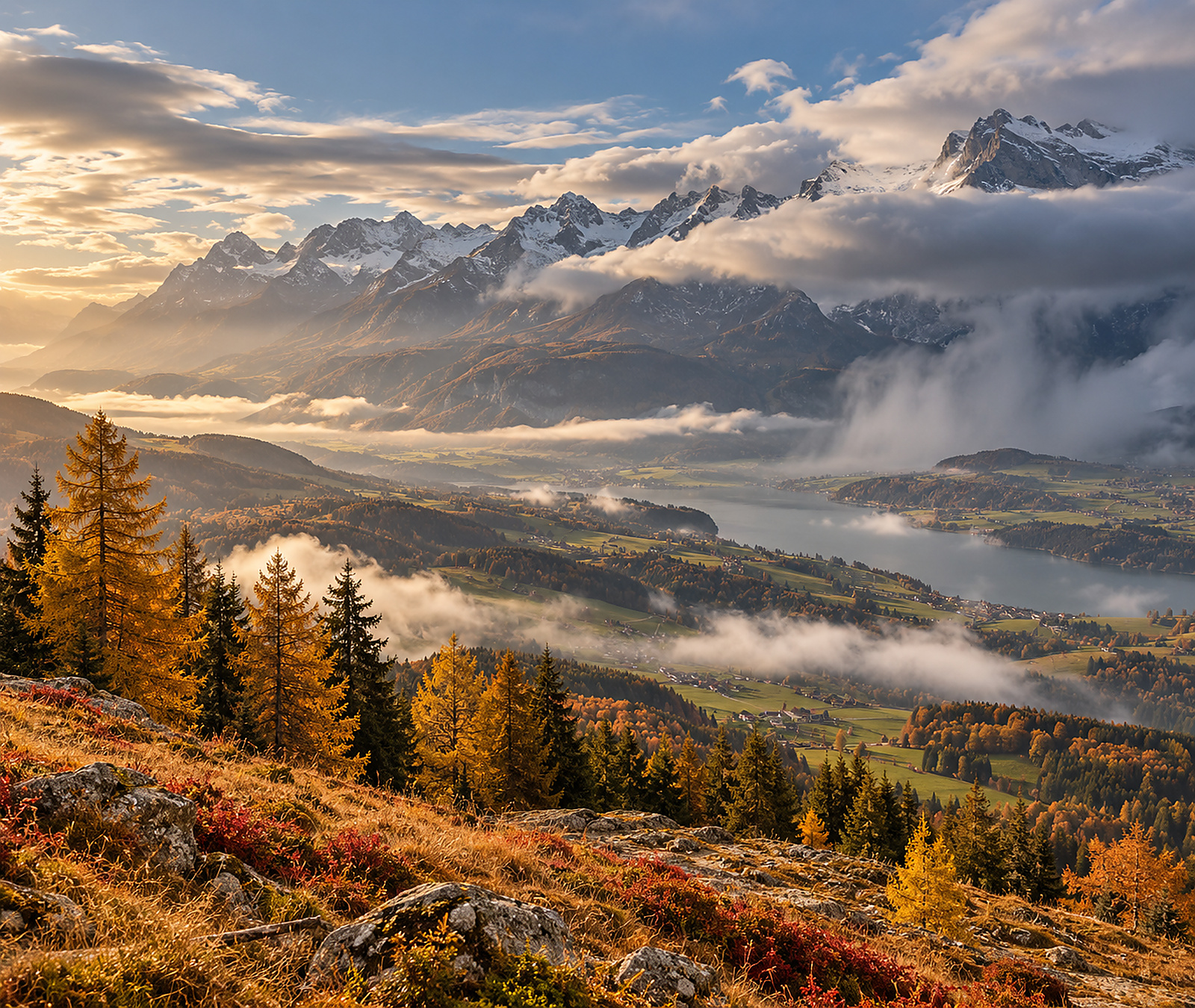 Herbstliche Schweizer Alpenlandschaft mit Nebelfeldern und aufziehenden Wolken als Symbolbild für Föhn und zunehmende Bewölkung bis Mittwochabend.