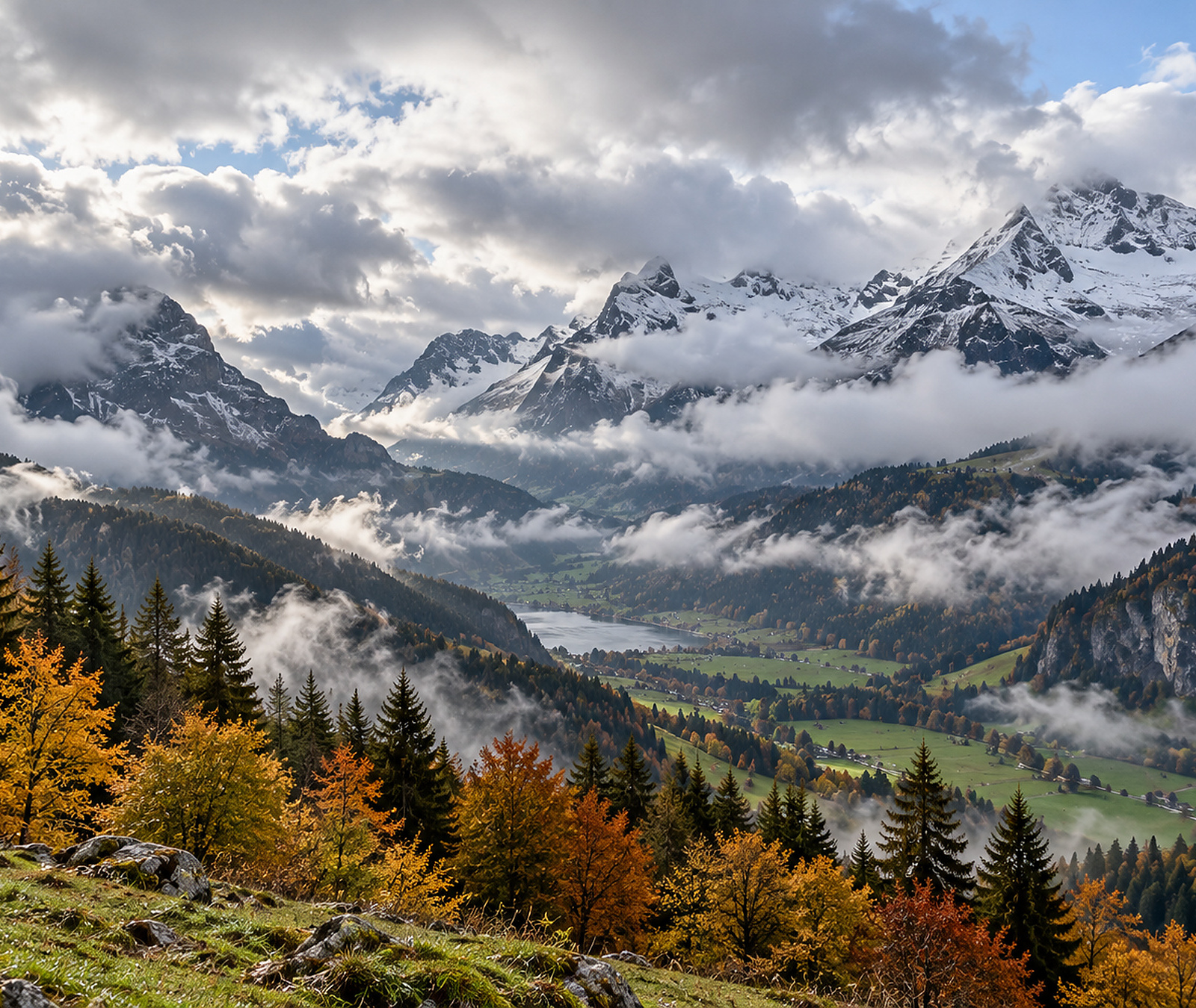 Herbstliche Schweizer Alpenlandschaft mit Restwolken und frischem Schnee auf den hohen Gipfeln als Symbolbild für das wechselhafte Bergwetter.