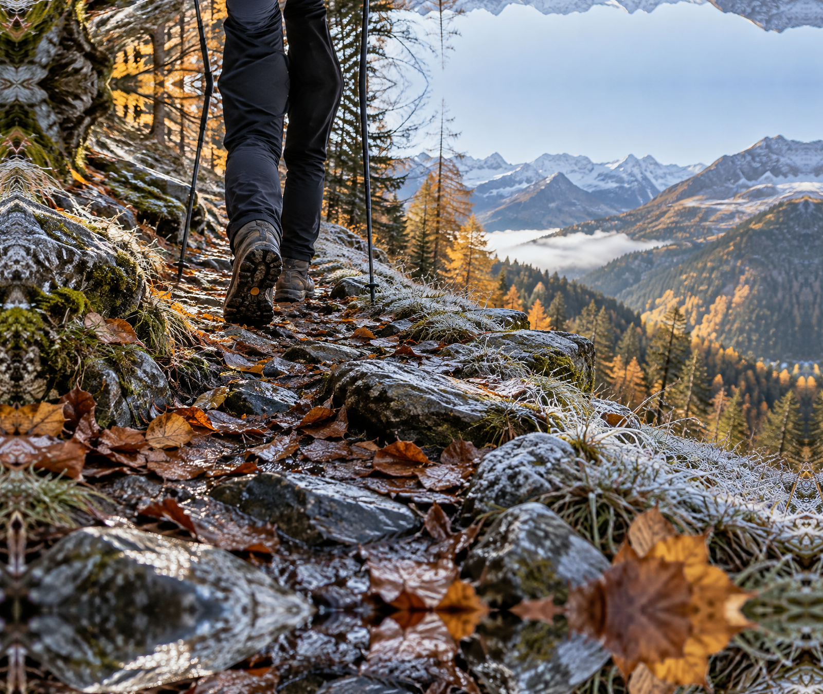 Feuchter steiniger Herbstwanderweg mit stellenweisem Reif und Blick in eine Berglandschaft, Symbolbild