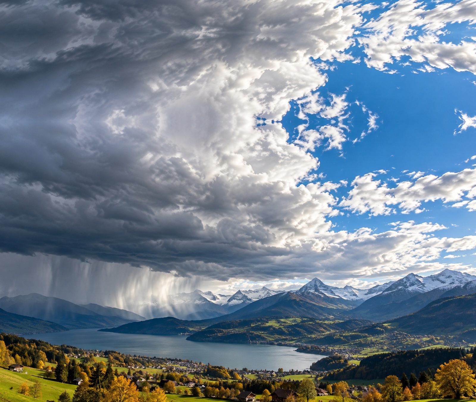 Herbstliche Schweizer Voralpenlandschaft mit aufziehender Regenfront und aufgehellten Abschnitten als Symbolbild für den Wetterwechsel am Samstag.
