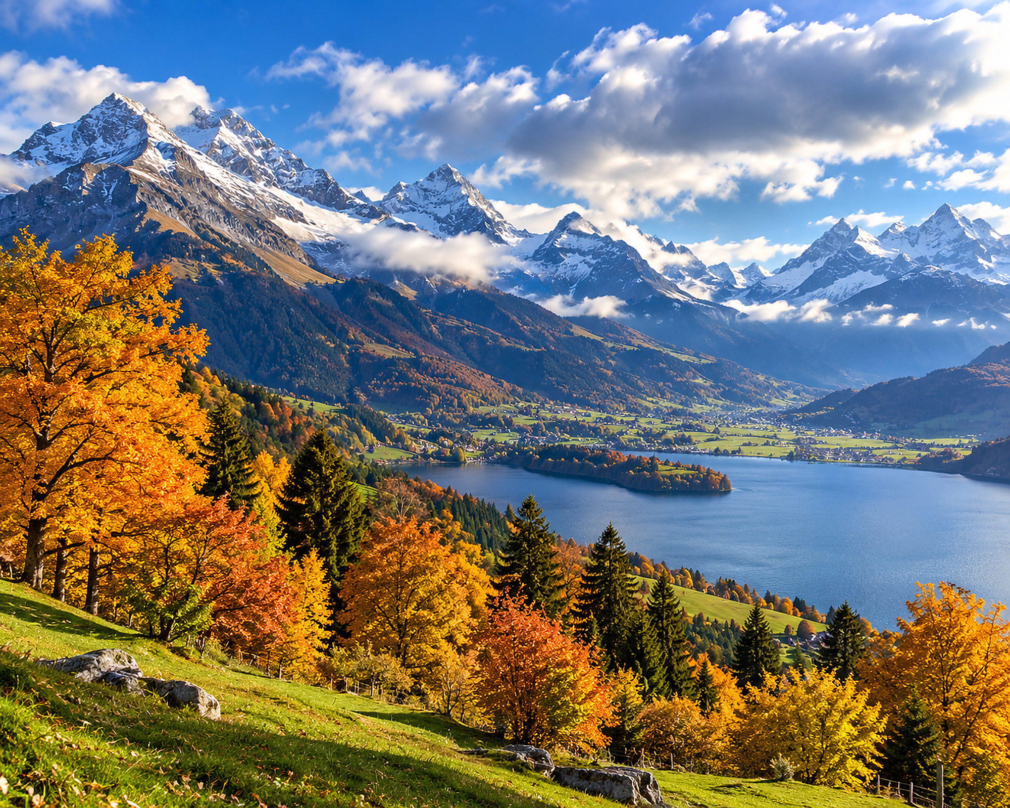 Herbstliche Schweizer Alpenlandschaft mit See, Sonne und wechselnden Wolken